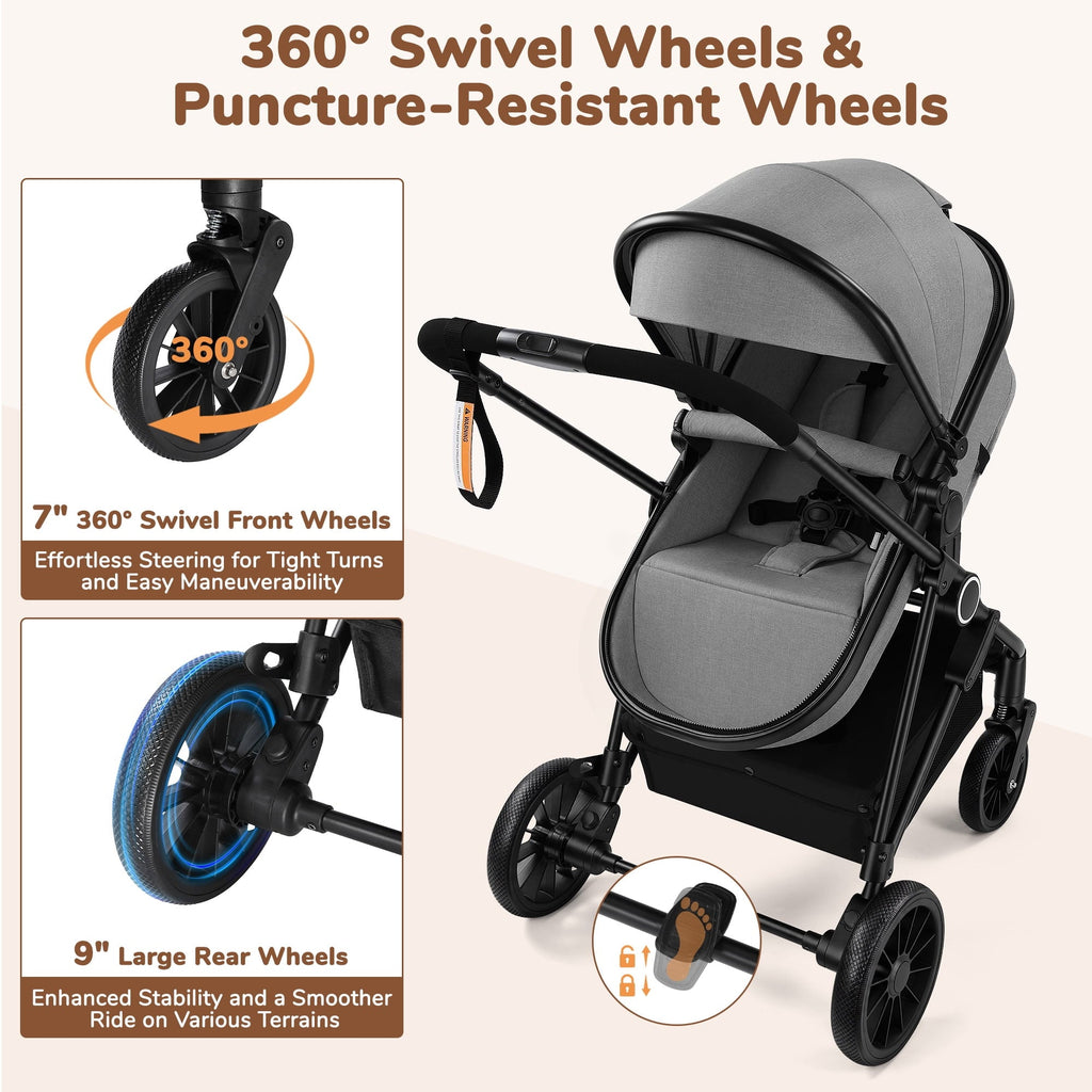 Vomeast Baby Stroller, Foldable Lightweight Travel Stroller, Reversible Seat, 5-Point Harness, Adjustable Canopy, Gray