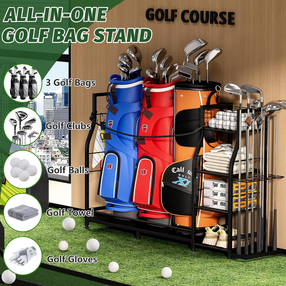 Golf Bag Stand for Golf Bag Accessories, Golf Bag Storage Organizer Fits 3 Bags for Garage Organization, Golf Organizer with Extra Storage Rack for