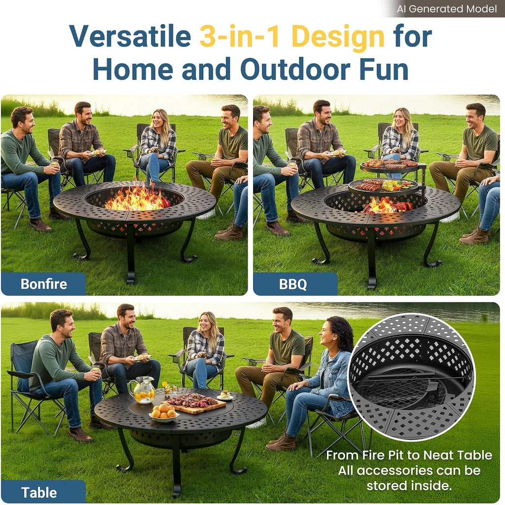 43" Large Fire Pit for Outside with 2 Adjustable Grills,Lid & Fire Poker