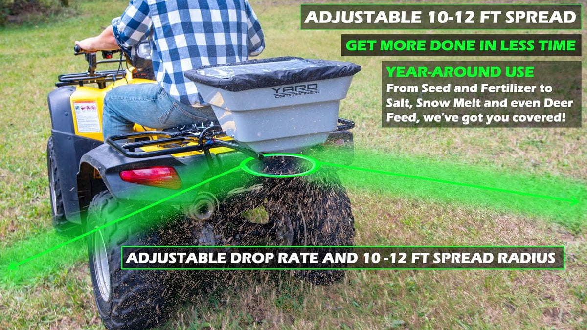 80 LB ATV/UTV Broadcast Spreader - 12-Volt Heavy Duty Motor - Salt, Seed, Fertilizer & More - Adjustable Drop Rate - Included Hopper Cover - Mounts