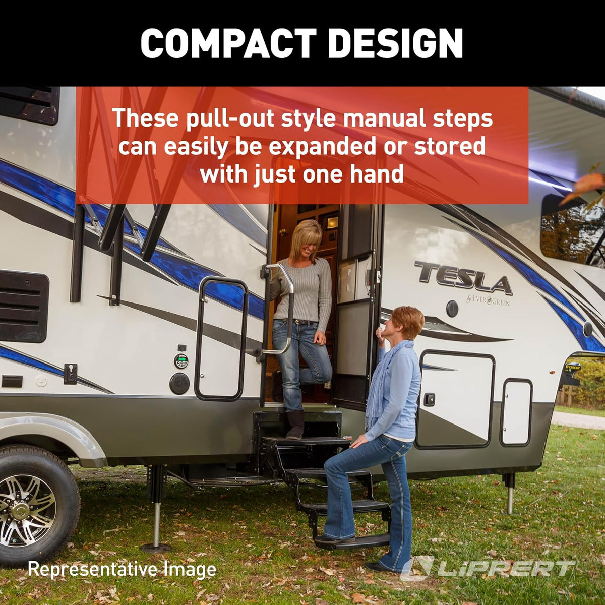 Lippert Radius 24" Double Manual RV Step Assembly, 8" Rise, 300 lbs. Anti-Slip Steps, Compact One-Hand Expand or Collapse, Black Powder Coat, Travel