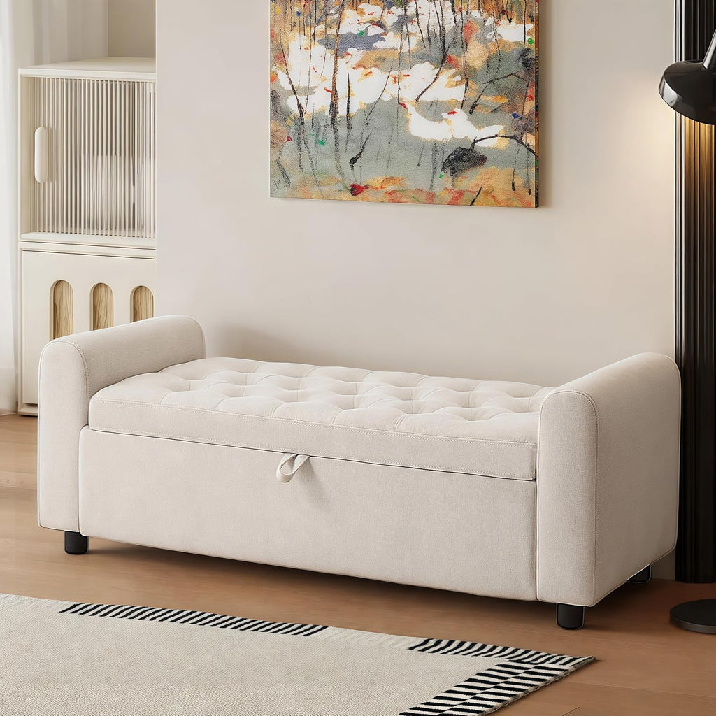 48" Ottoman with Storage, Tufted Storage Ottoman Bench, Convenient Living Room Fabrics Bench Seat, Entryway Shoe Benches with Inner Zipper & Arm