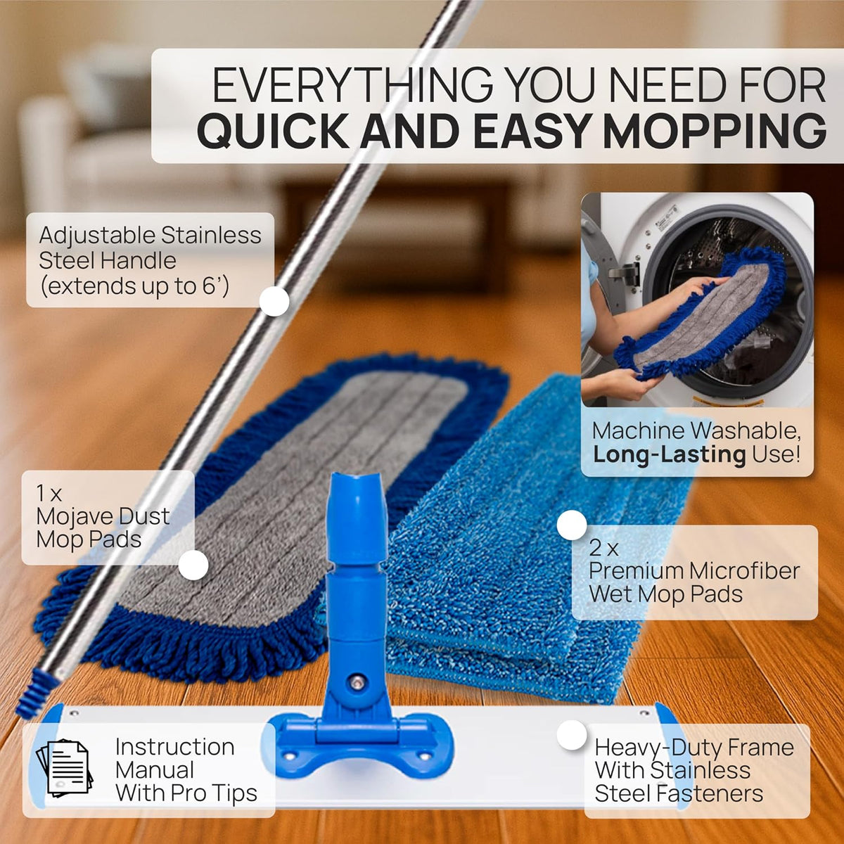 18” Pro Microfiber Hardwood Floor Mop - Cleans Floor in Seconds | Dust & Wet Mopping | Hardwood, Tile, Laminate & Vinyl with 3 Washable Pads, No
