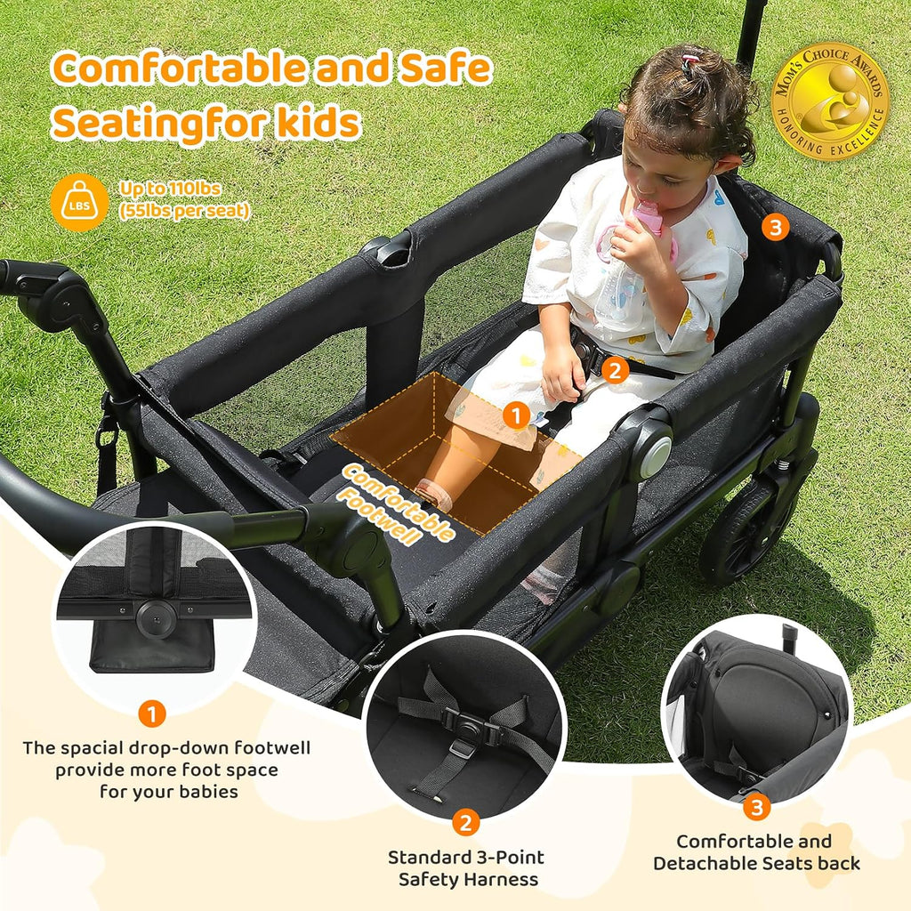 ELEMARA Foldable Wagon Stroller, Stroller Wagon for 2 Kids, Premium All Terrain Wagon for Kids with Removable Canopy, Adjustable Push/Pull Handle