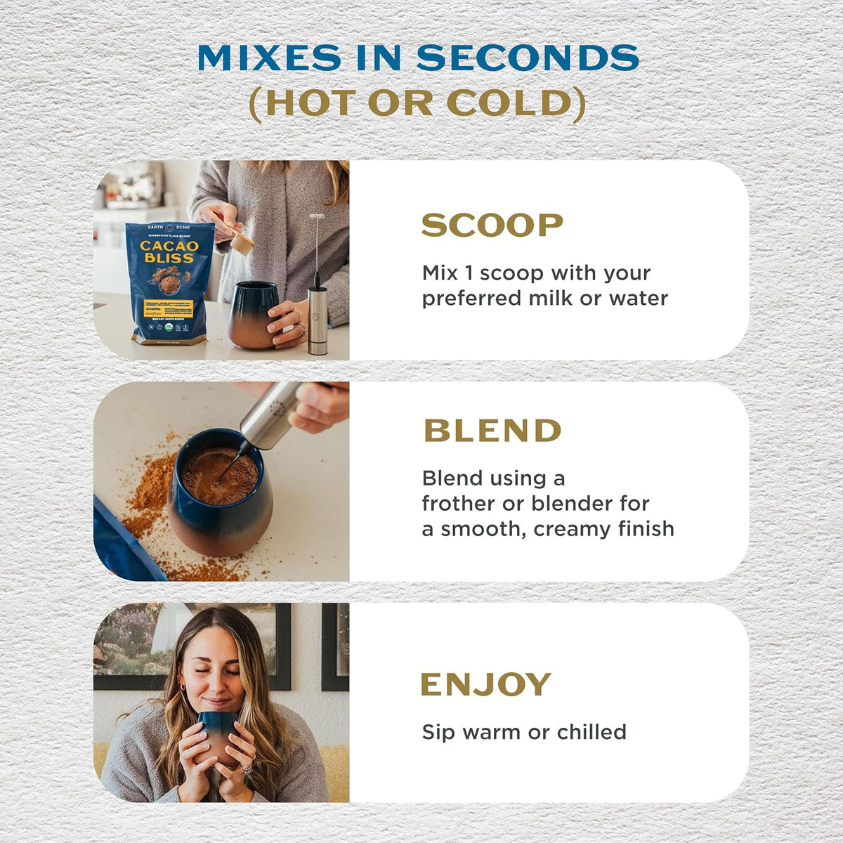 Earth Echo Cacao Bliss, Organic Cacao Powder Drink Mix, 30 Servings