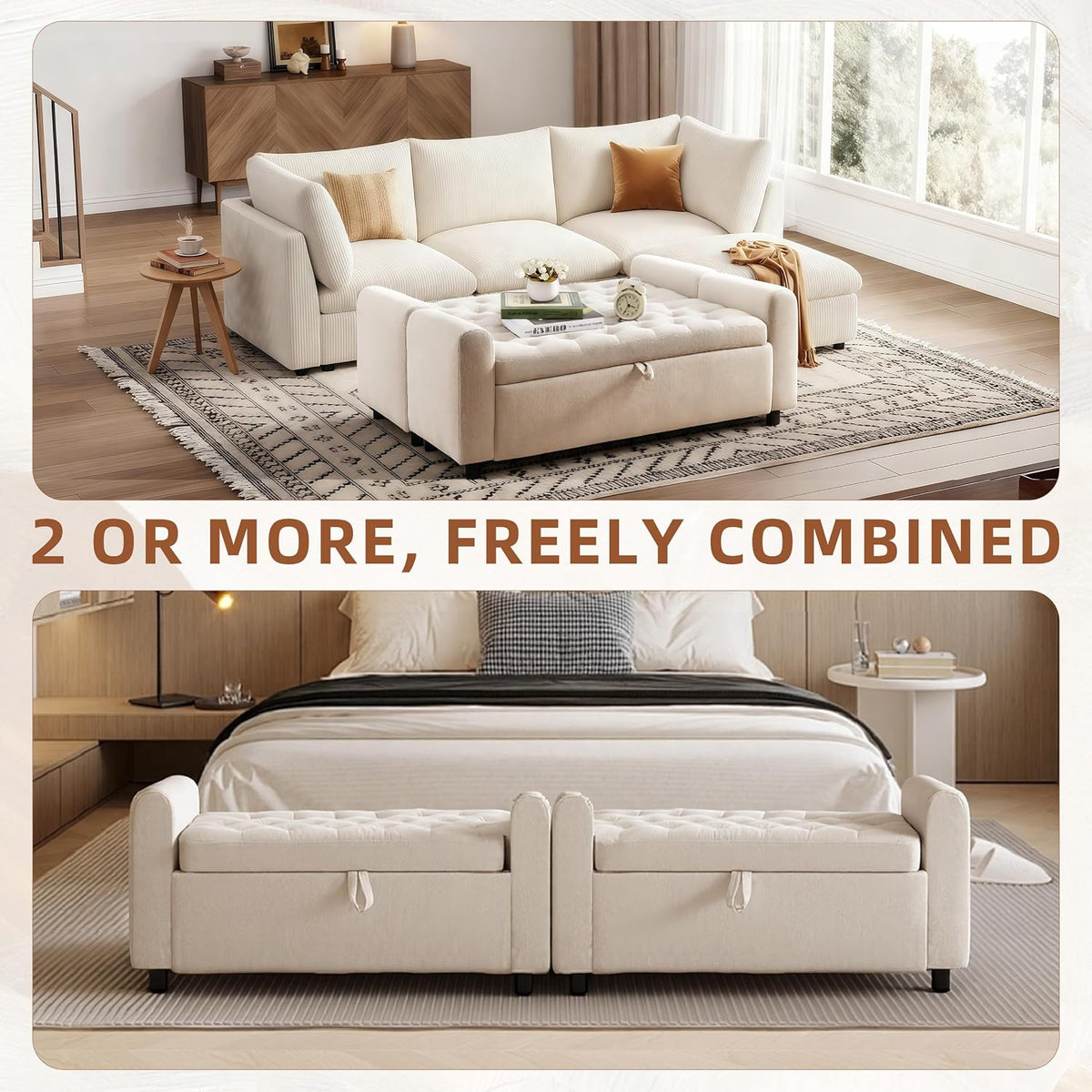 48" Ottoman with Storage, Tufted Storage Ottoman Bench, Convenient Living Room Fabrics Bench Seat, Entryway Shoe Benches with Inner Zipper & Arm