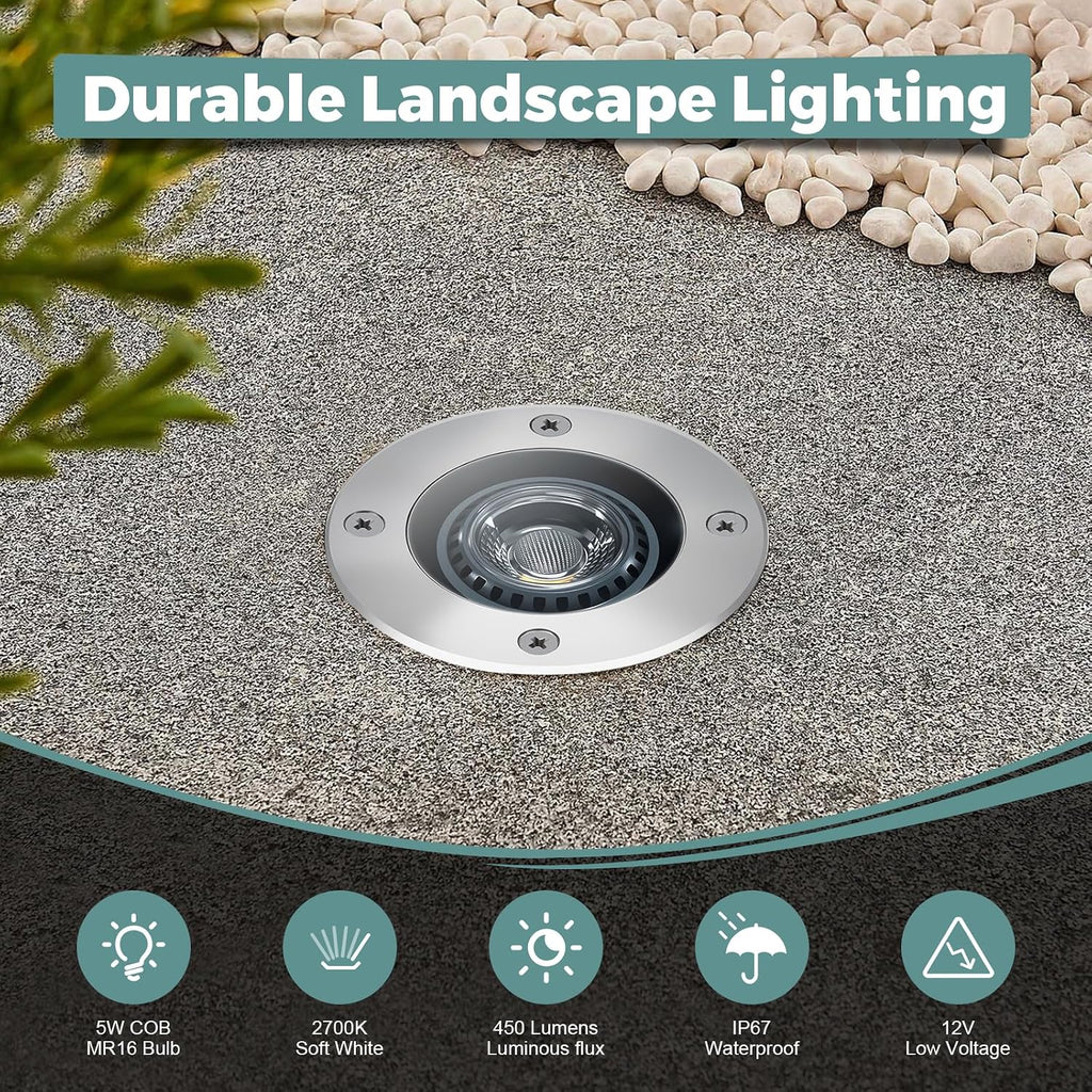 Gardencoin Low Voltage Landscape LED Well Lights, 12V in Ground Lights Outdoor IP67 Waterproof, 5" Tall Wired Landscape Up Lighting, Included