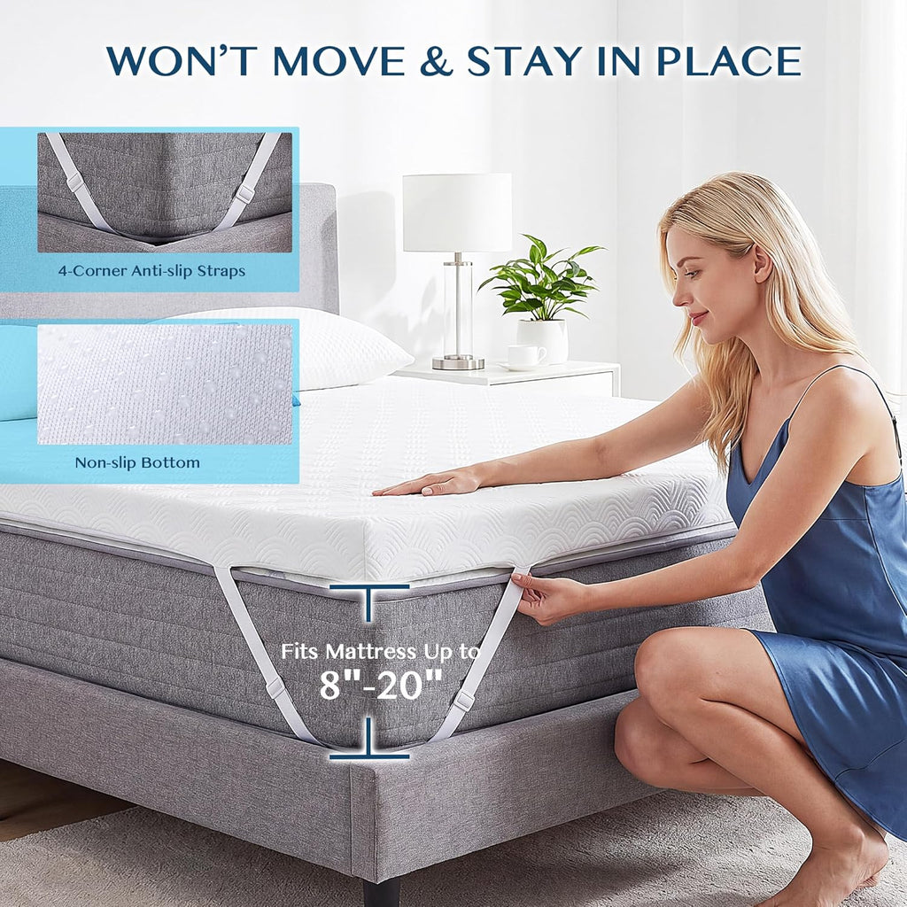 MASVIS 3 Inch Queen Memory Foam Mattress Topper, Ventilated Gel Mattress Topper for Back Pain Relief, CertiPUR-US Certified, Removable Washable Cover