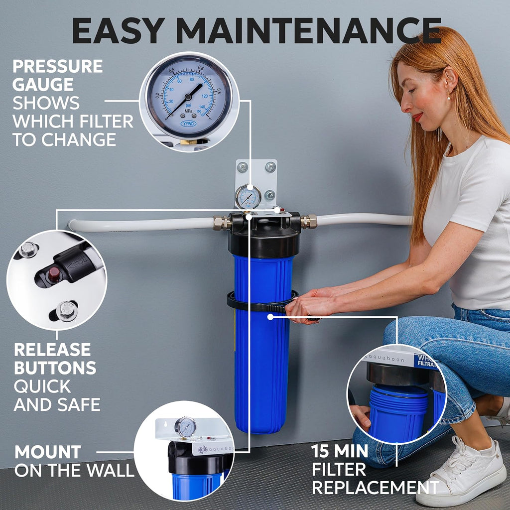 Aquaboon 20" x 4.5" Whole House Well Water Filter System with Pressure Release (1" Port) | Certified | Compatible with Pentek 150233, 150235