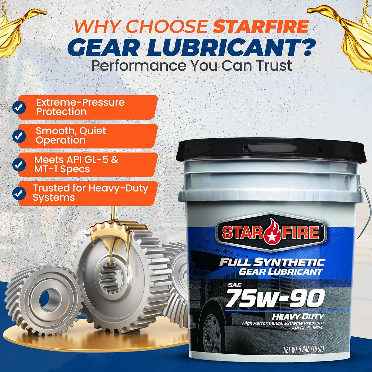 STARFIRE Full Synthetic SAE 75W90 GL-5 Gear/Differential Oil 5 Gallon Pail
