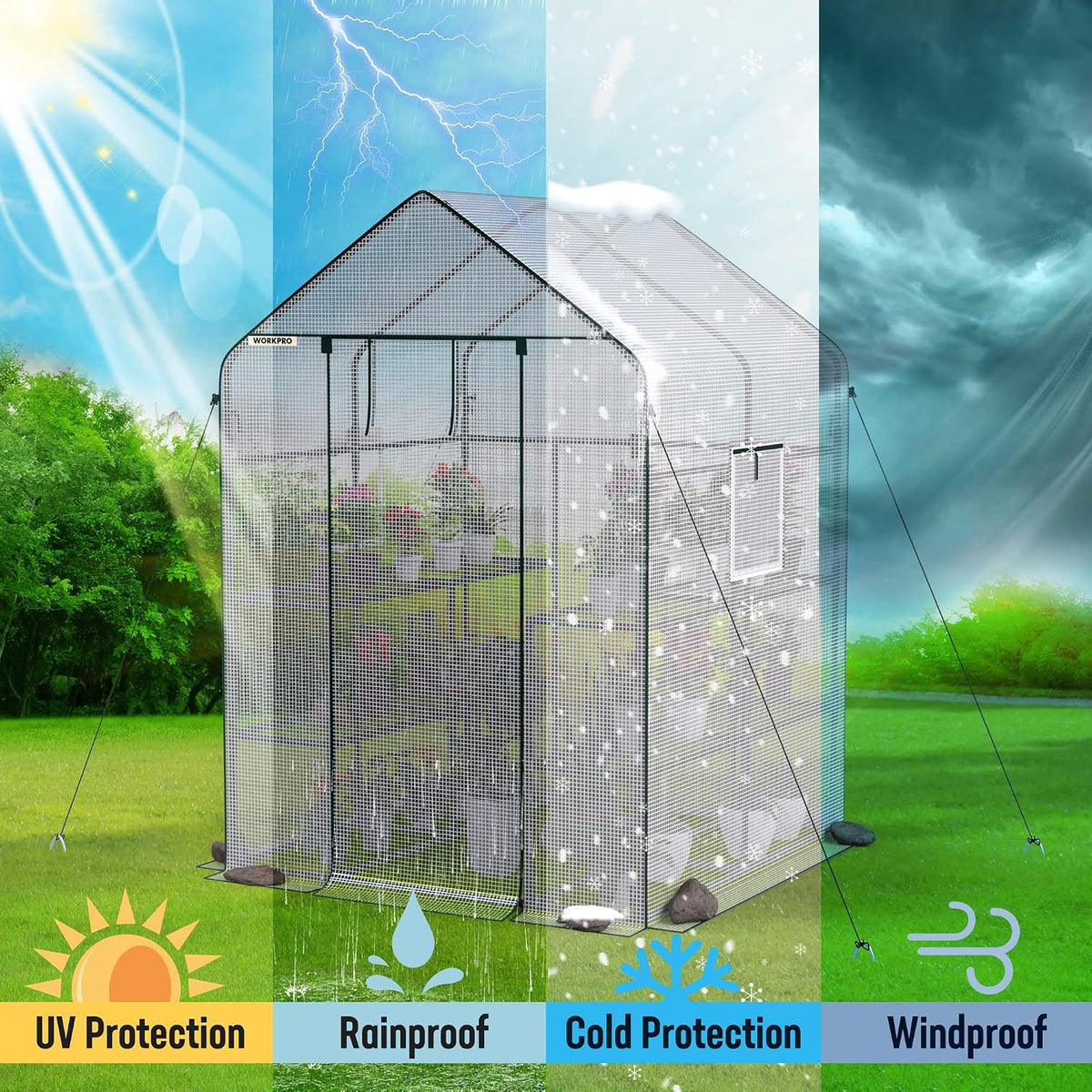 WORKPRO Greenhouse, Heavy Duty Walk-in Greenhouse (56” x 56” x 77”)