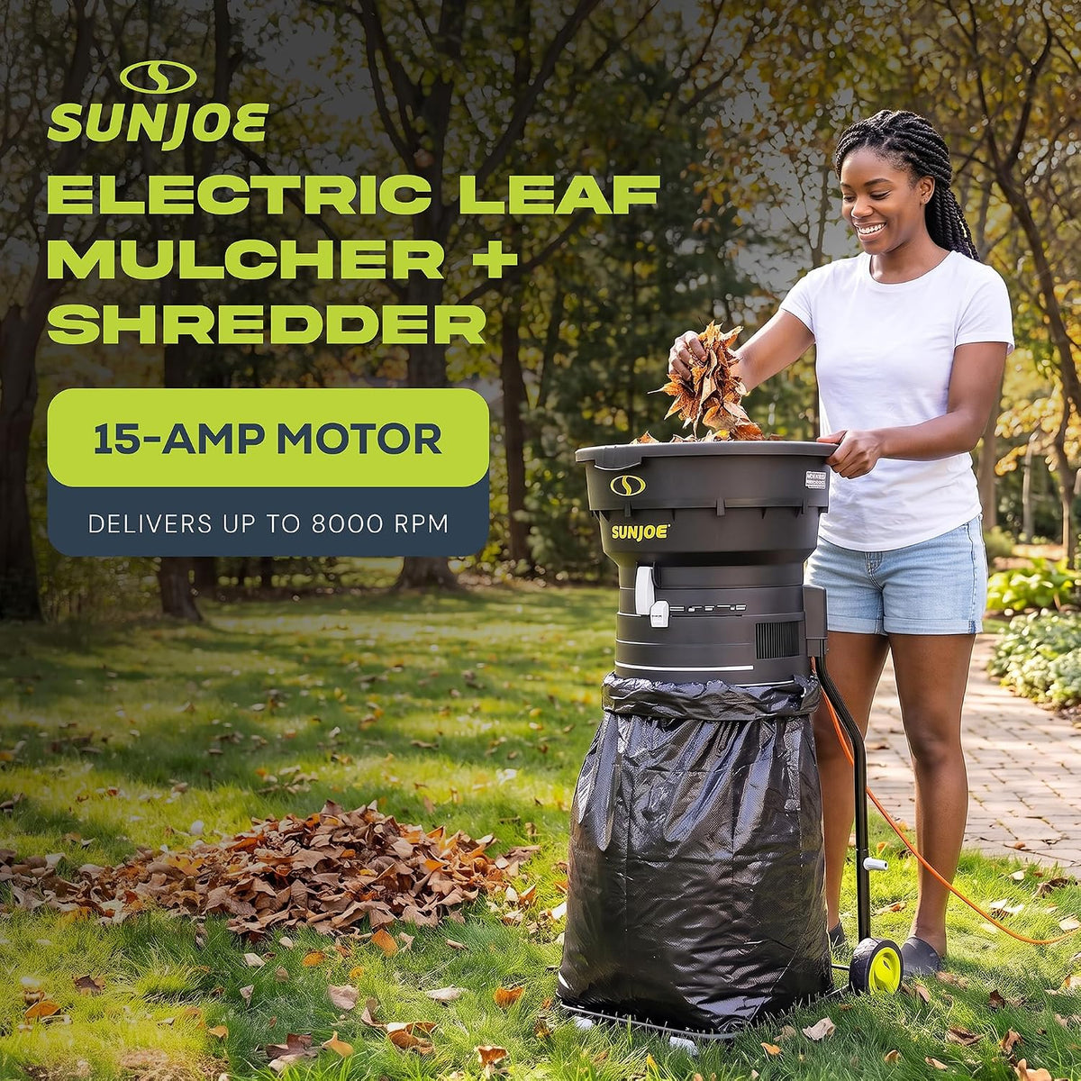 Sun Joe SDJ617E Bladeless Electric Leaf Mulcher + Shredder, 15 Amp, 8,000 RPM, Mulches Up to 55 Gallons of Leaves Per Minute