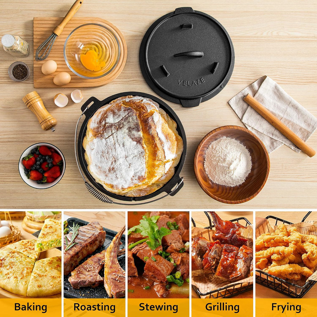 10 QT Pre-Seasoned Cast Iron Camping Dutch Oven Pot with Lid
