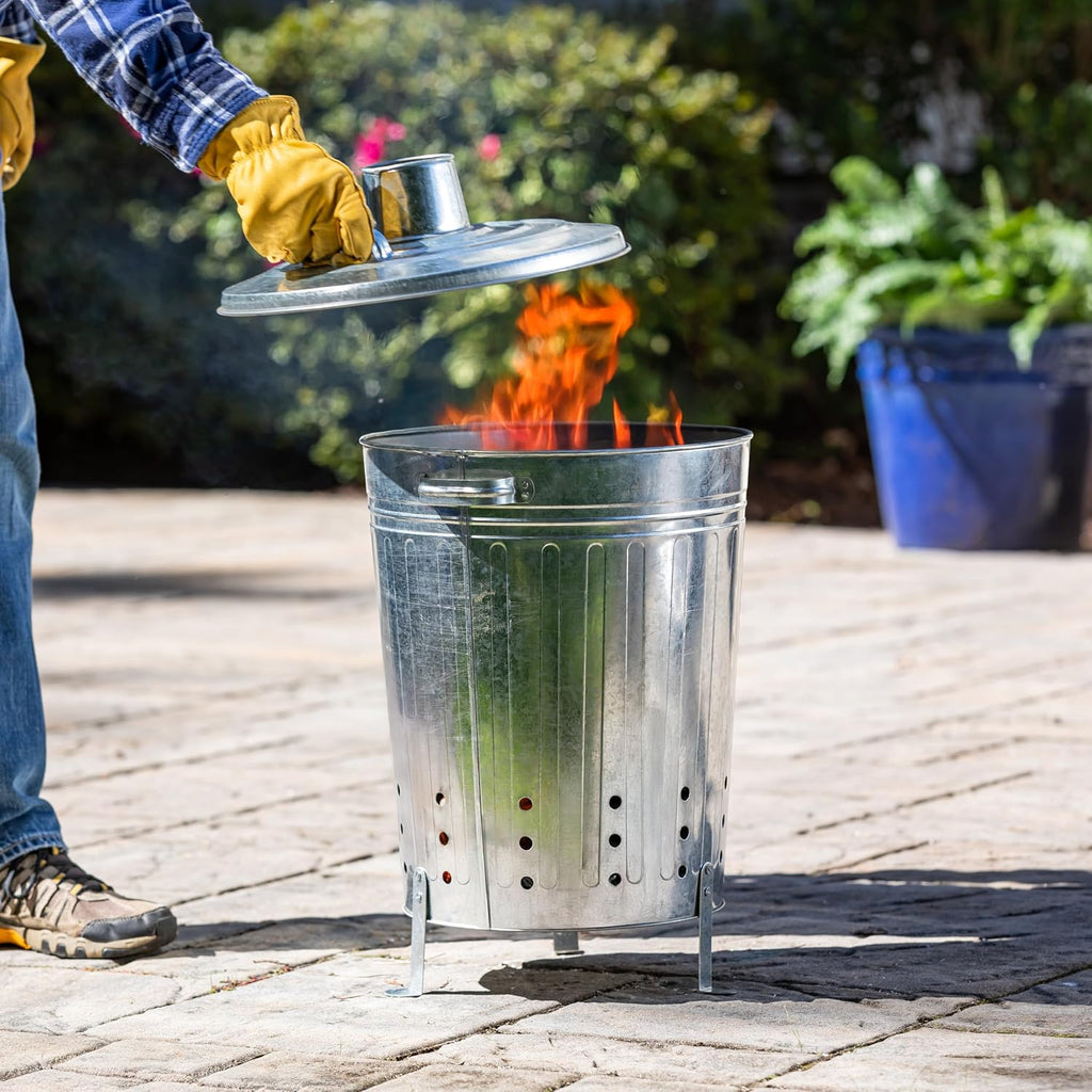 Evergreen Incinerator 13 Gallon Burn Barrel with Lid | Yard Waste Garden Incinerator | Galvanized Steel Burn Cage Incinerator for Paper Leaf Paper