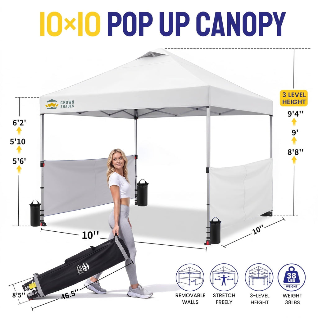 CROWN SHADES 10x10 Ez Pop Up Canopy Tent, Outdoor Sun Shade Shelter Canopy, One Push Setup with 2 Half Sidewalls, UPF50+, STO 'N Go Bag, White