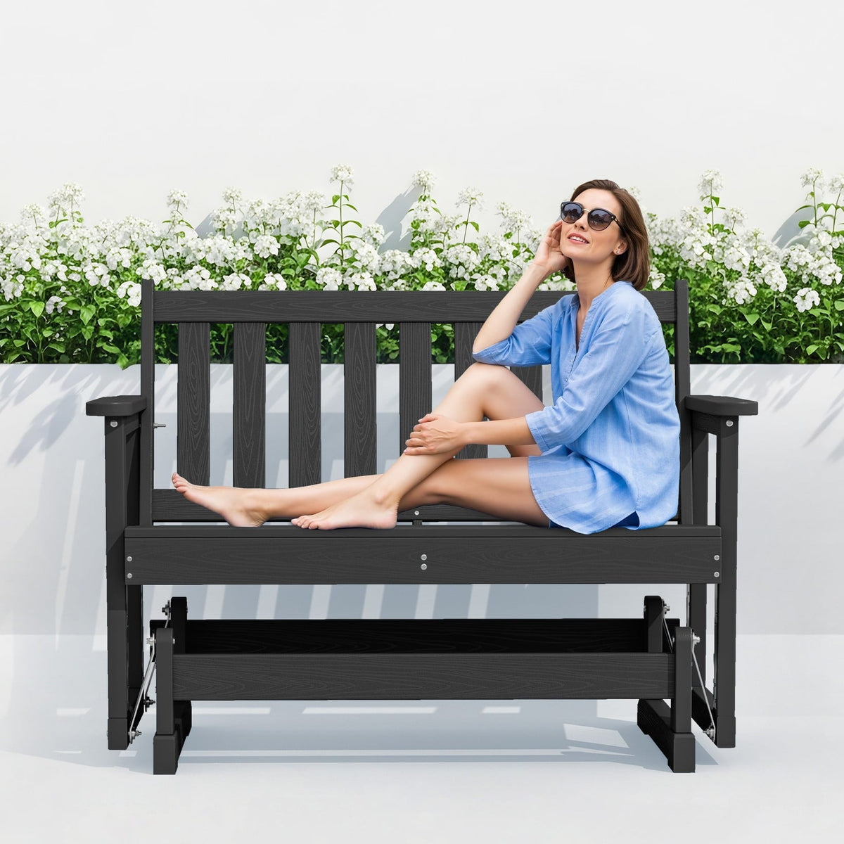 SERWALL Outdoor Glider Bench 2 Person, HDPE Material Weather-Resistant Rocking Chair Swings for Patio Porch Garden, Black