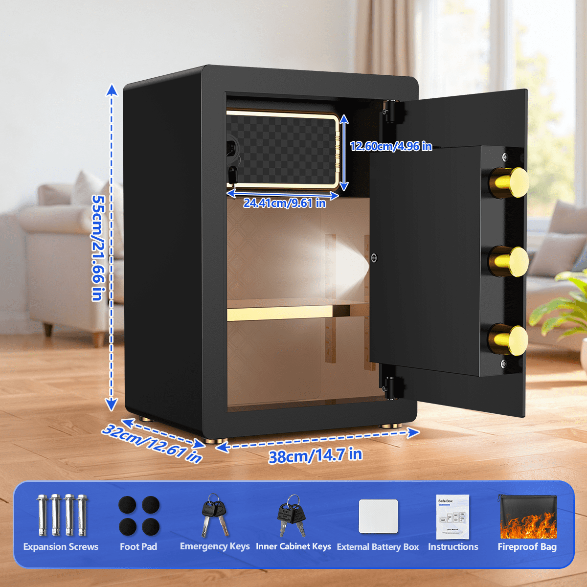 RYCUZO 5.0 Cuft Large Safe Box, Security Home Safe with Interior Safe Lock Box, Fireproof Waterproof Document Bag, Electronic Keypad Digital Lock