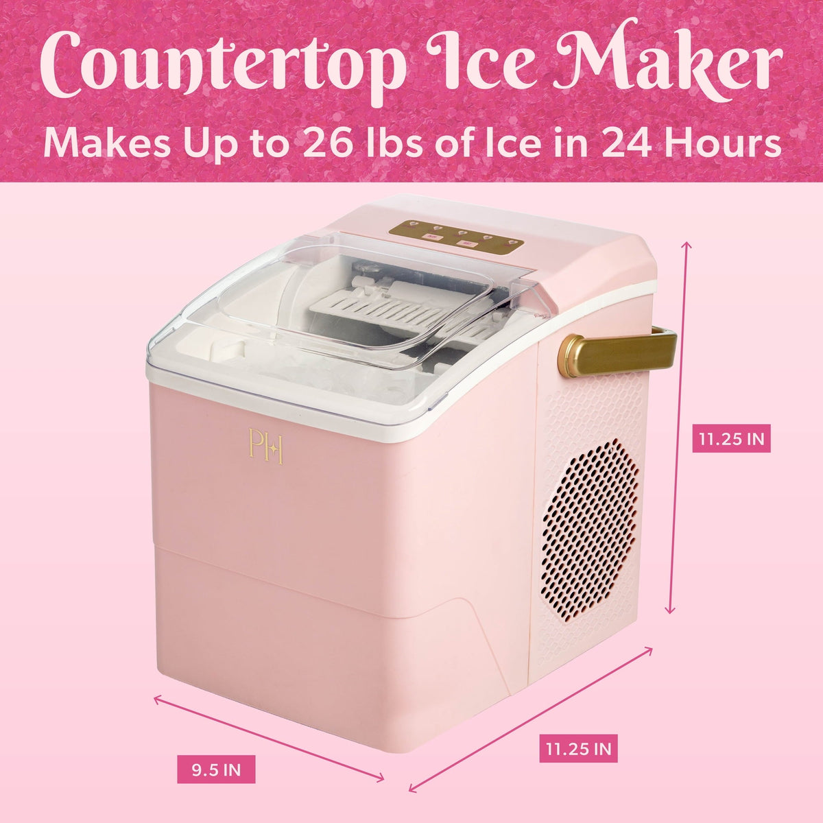 Paris Hilton Portable Ice Maker, Compact Countertop Ice Machine with Scoop, 26 lbs/Day, Pink