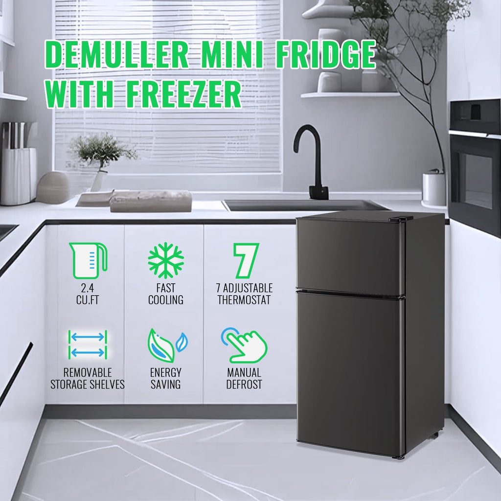 DEMULLER 2.4 Cu.ft Mini Refrigerator with Freezer Small Fridge Top Freezer Compact Fridge New Gray