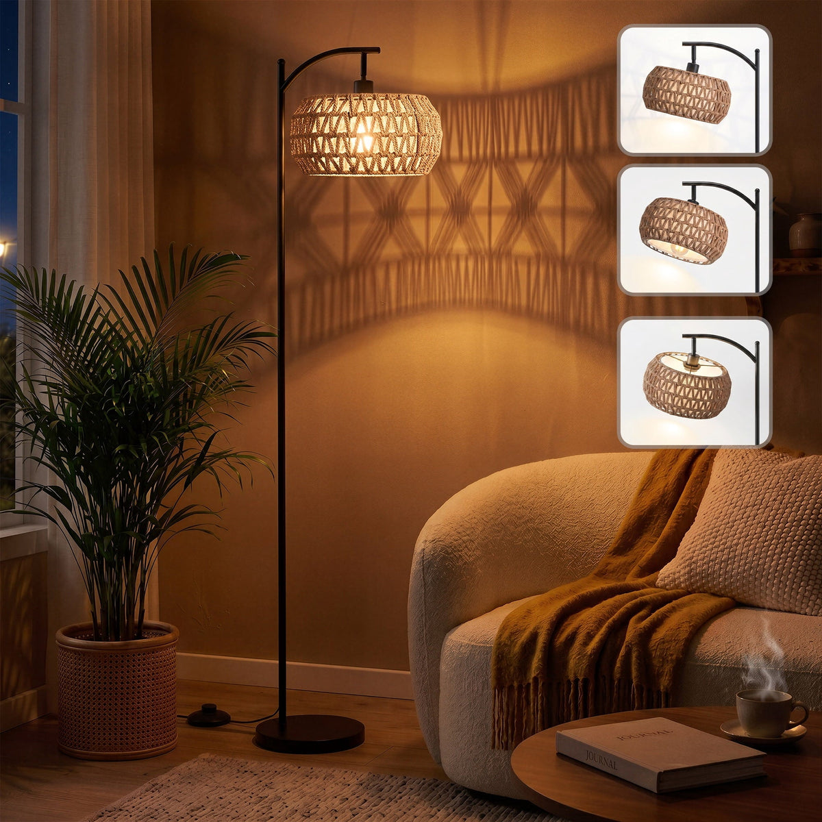 Arc Rattan Floor Lamp, 63 Inch Dimmable Standing Lamp, Black Frame With Rattan And Fabric Double Drum Shade, Boho Farmhouse Tall Decor Lamp For