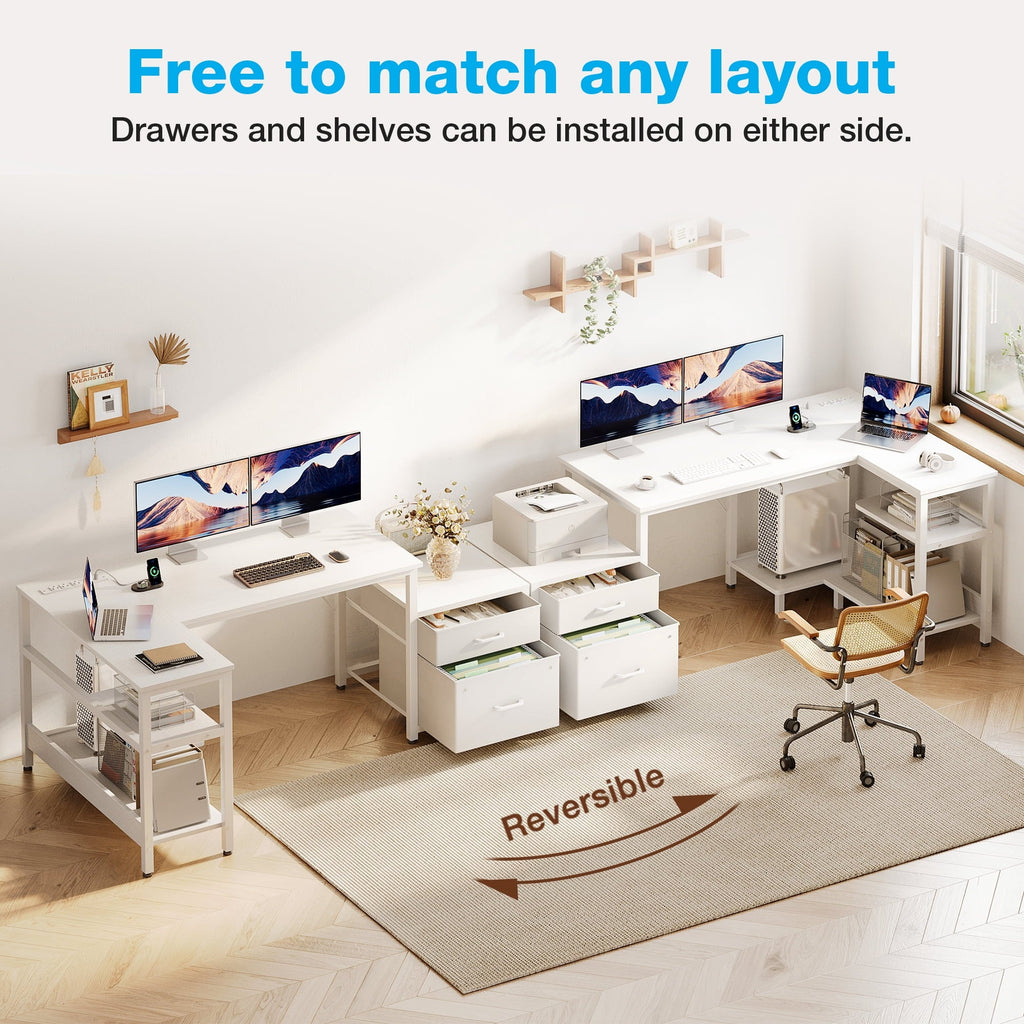 Casacomoda L Shaped Desk with Power Outlets, Large Computer Desk with File Drawer, Home Office Desk with Printer Stand & Storage Shelves, Corner Desk