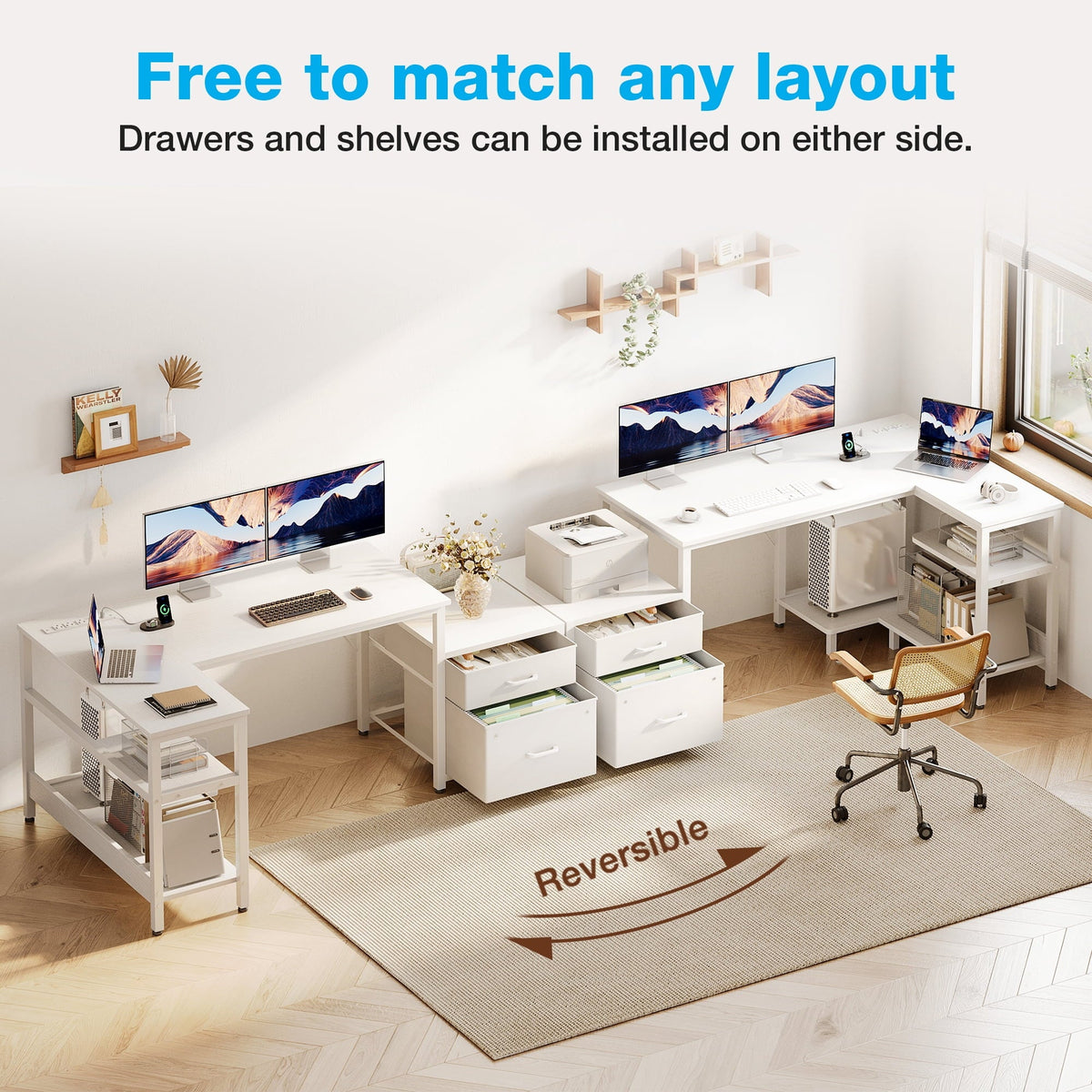 Casacomoda L Shaped Desk with Power Outlets, Large Computer Desk with File Drawer, Home Office Desk with Printer Stand & Storage Shelves, Corner Desk