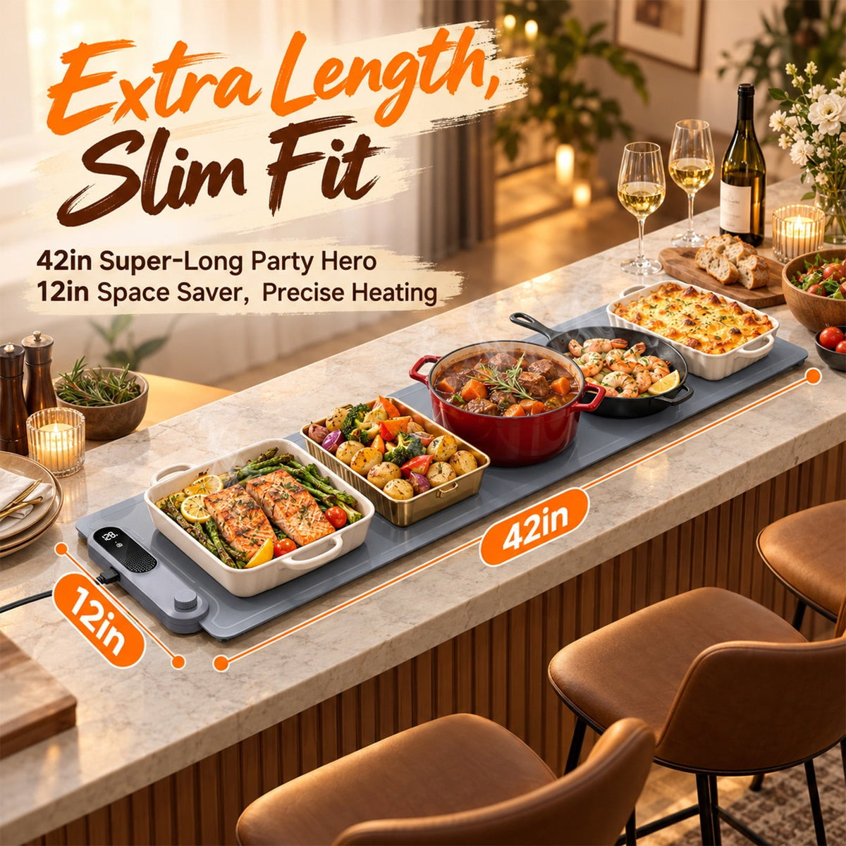 FEPPO Electric Warming Tray, Extra-Long 42" x 12", Fast Full-Surface Heating Warming Mat for Food with 19-Level Adjustable Temperature & 6-Hour Timer