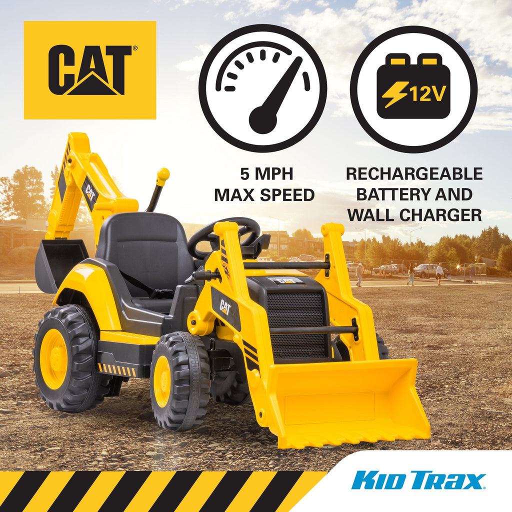 Kid Trax 12V CAT Backhoe Loader Ride-On Excavator with Working Loaders, MP3, Real Sounds, Ages 36
