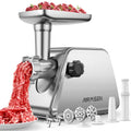 AIRMSEN Stainless Steel Meat Grinder, Electric 3 in 1 Meat Mincer with 2 Blades & 3 Plates, Sausage & Kubbe Maker Kit, Fixed Lock, Double Switch