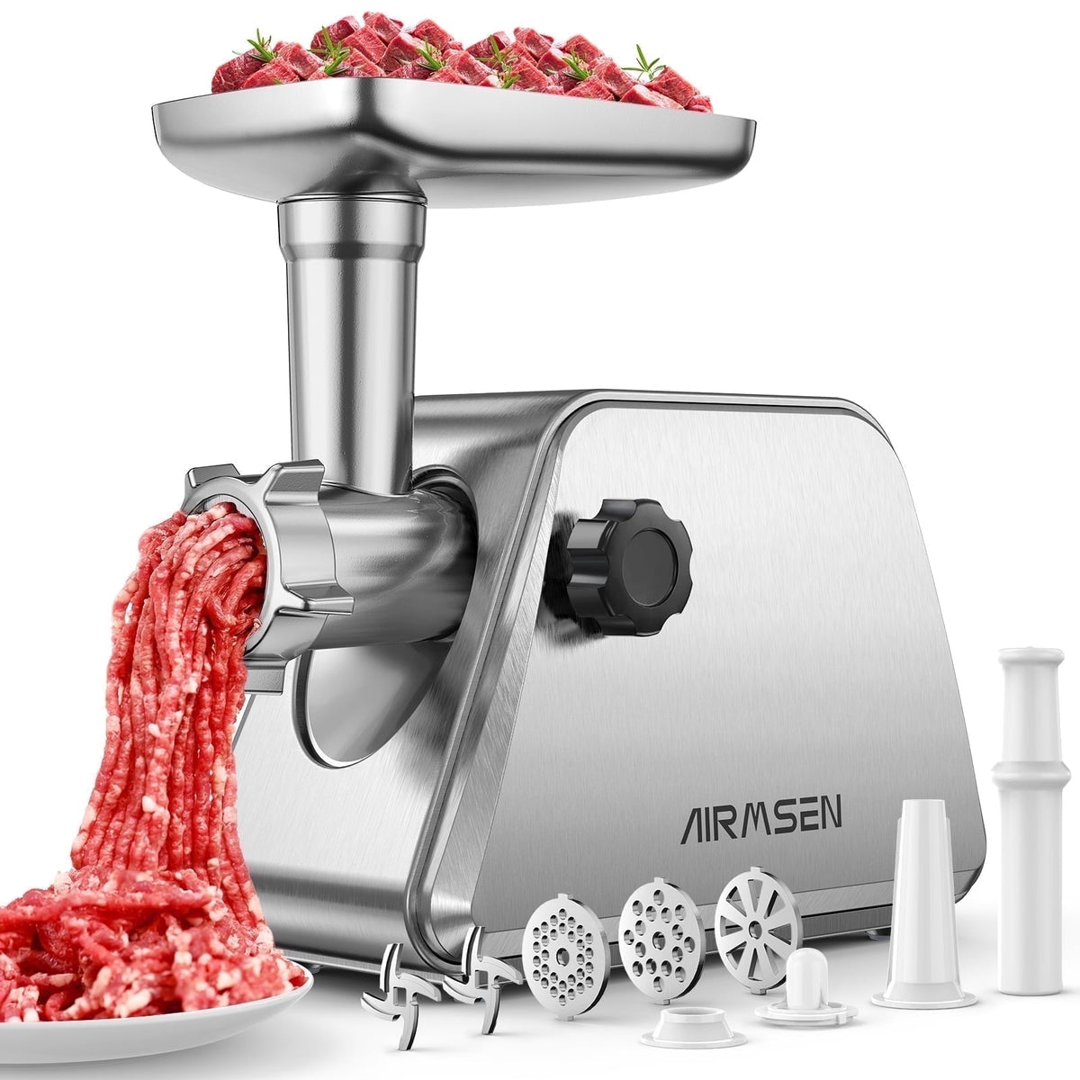 AIRMSEN Stainless Steel Meat Grinder, Electric 3 in 1 Meat Mincer with 2 Blades & 3 Plates, Sausage & Kubbe Maker Kit, Fixed Lock, Double Switch