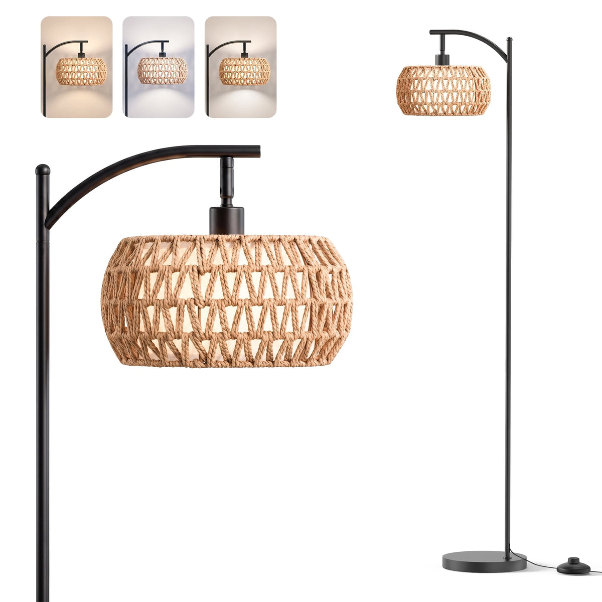 Arc Rattan Floor Lamp, 63 Inch Dimmable Standing Lamp, Black Frame With Rattan And Fabric Double Drum Shade, Boho Farmhouse Tall Decor Lamp For