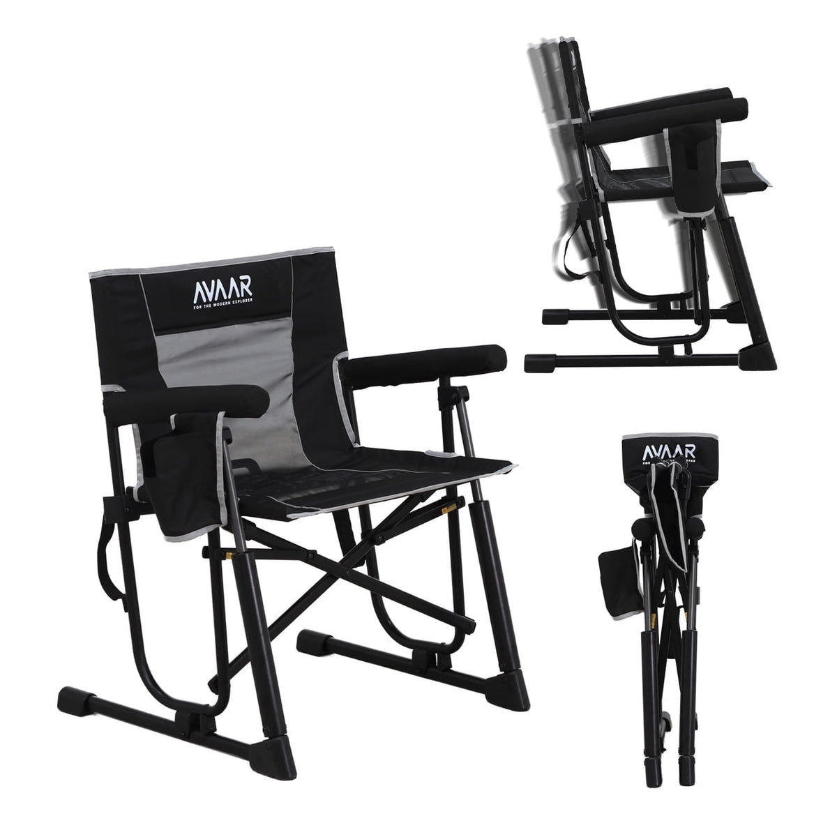 Avaar Outdoor Folding Rocking Camp Chair w/Cup Holder, 400lbs Capacity, Black