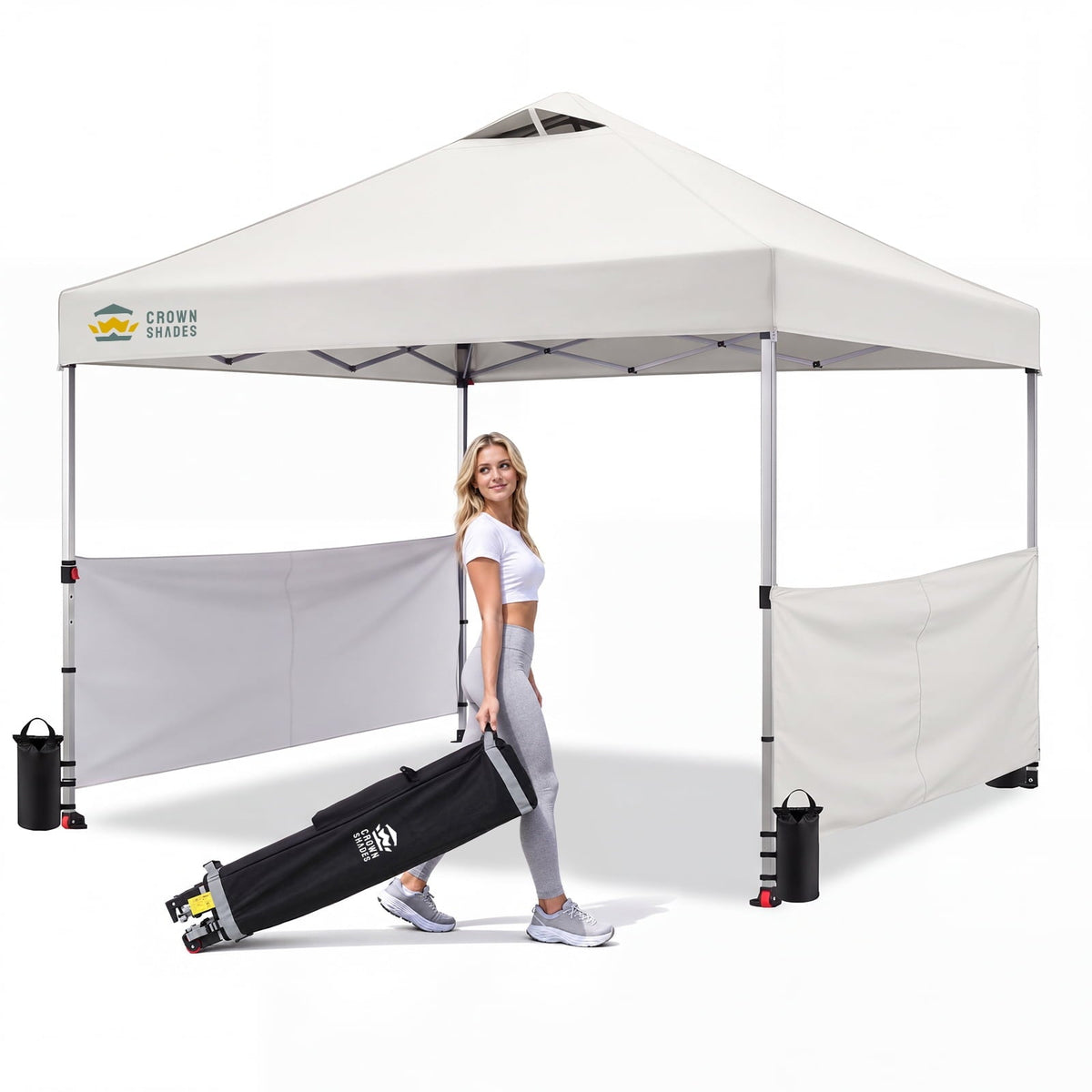 CROWN SHADES 10x10 Ez Pop Up Canopy Tent, Outdoor Sun Shade Shelter Canopy, One Push Setup with 2 Half Sidewalls, UPF50+, STO 'N Go Bag, White