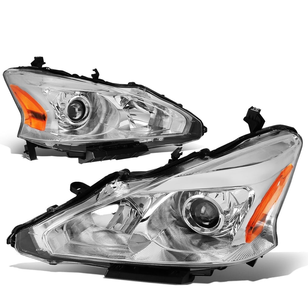 DNA Motoring Halogen Projector Headlight Lamps for 2013-2015 Nissan Altima, Chrome Amber, Pair