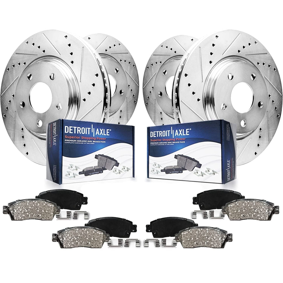 Detroit Axle - 8pc Brake Kit for 2014-2020 Nissan Rogue, 2017-2022 Rogue Sport, Front and Rear Drilled & Slotted Brakes Rotors Ceramic Brake Pads