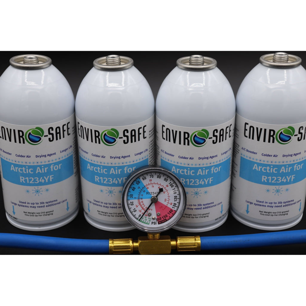 Envirosafe Arctic air for R-1234YF, R1234, r1234yf Refrigerant Support, 4 cans and a gauge