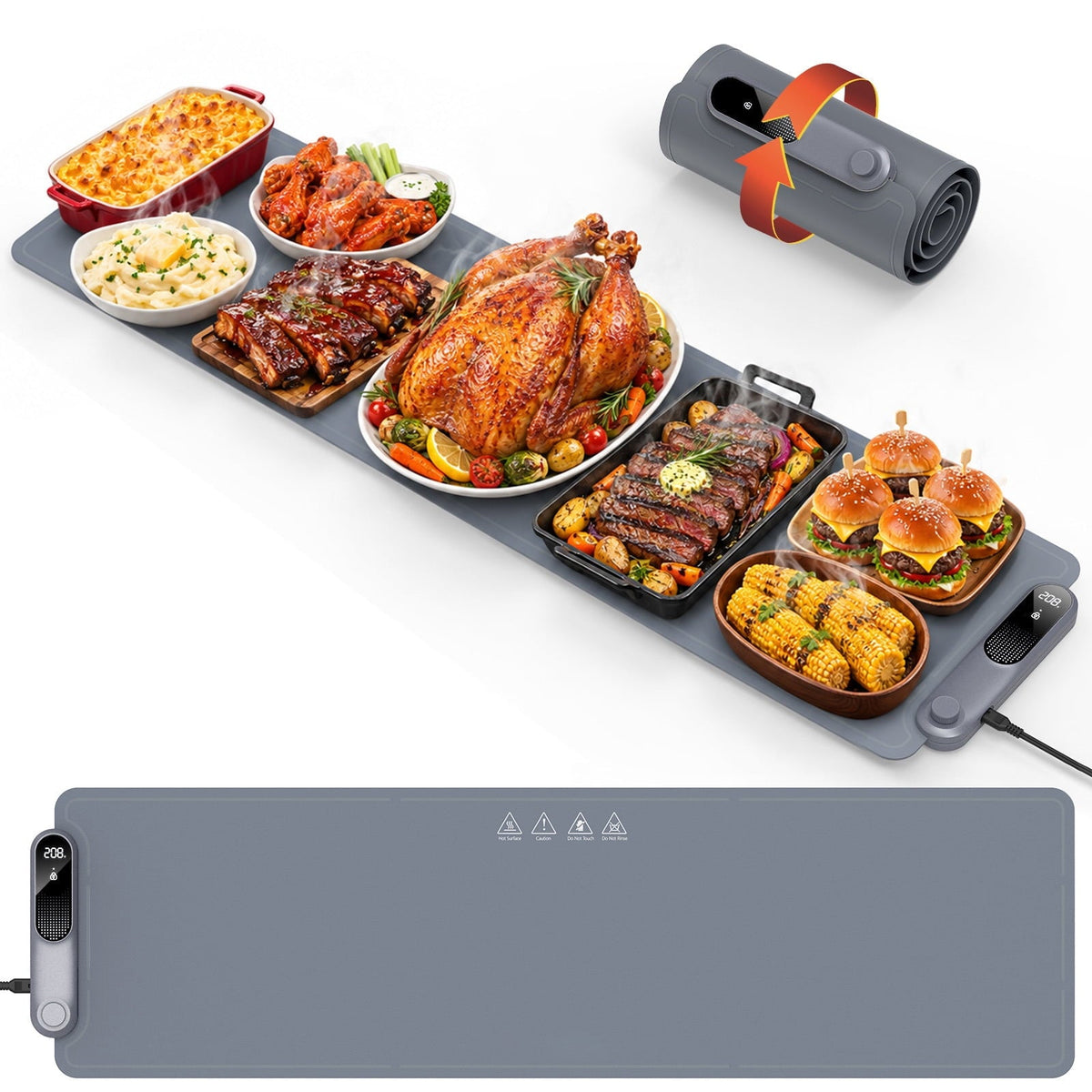 FEPPO Electric Warming Tray, Extra-Long 42" x 12", Fast Full-Surface Heating Warming Mat for Food with 19-Level Adjustable Temperature & 6-Hour Timer