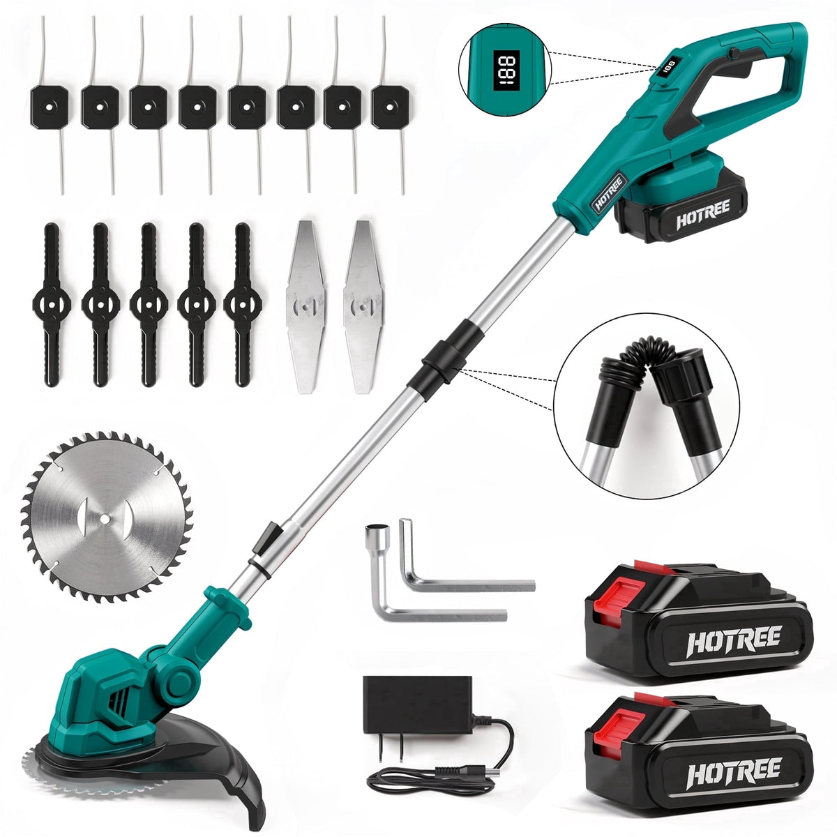 HOTREE 21V Cordless Weed Eater & String Trimmer, Foldable 3-in-1 Weed Wacker, Edger and Brush Cutter with Digital Display, 2.0Ah Batteries & Charger