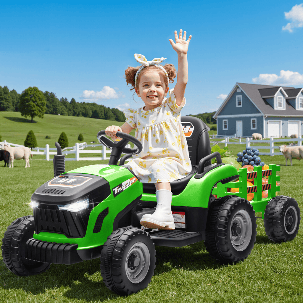 Joyracer 24 Volt Ride on Toys, Ride on Tractor w/ Tiltable & Detachable Trailer, 2x200W Power Car Wheels for Kids, Remote Control, Bluetooth, Shifter