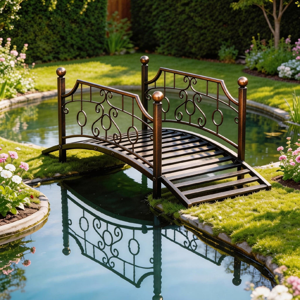 Ktaxon 3.3ft Wrought Iron Garden Footbridge with Flat Top Railings & Spherical Finials, Ornamental Pond Bridge for Yard Antique Bronze