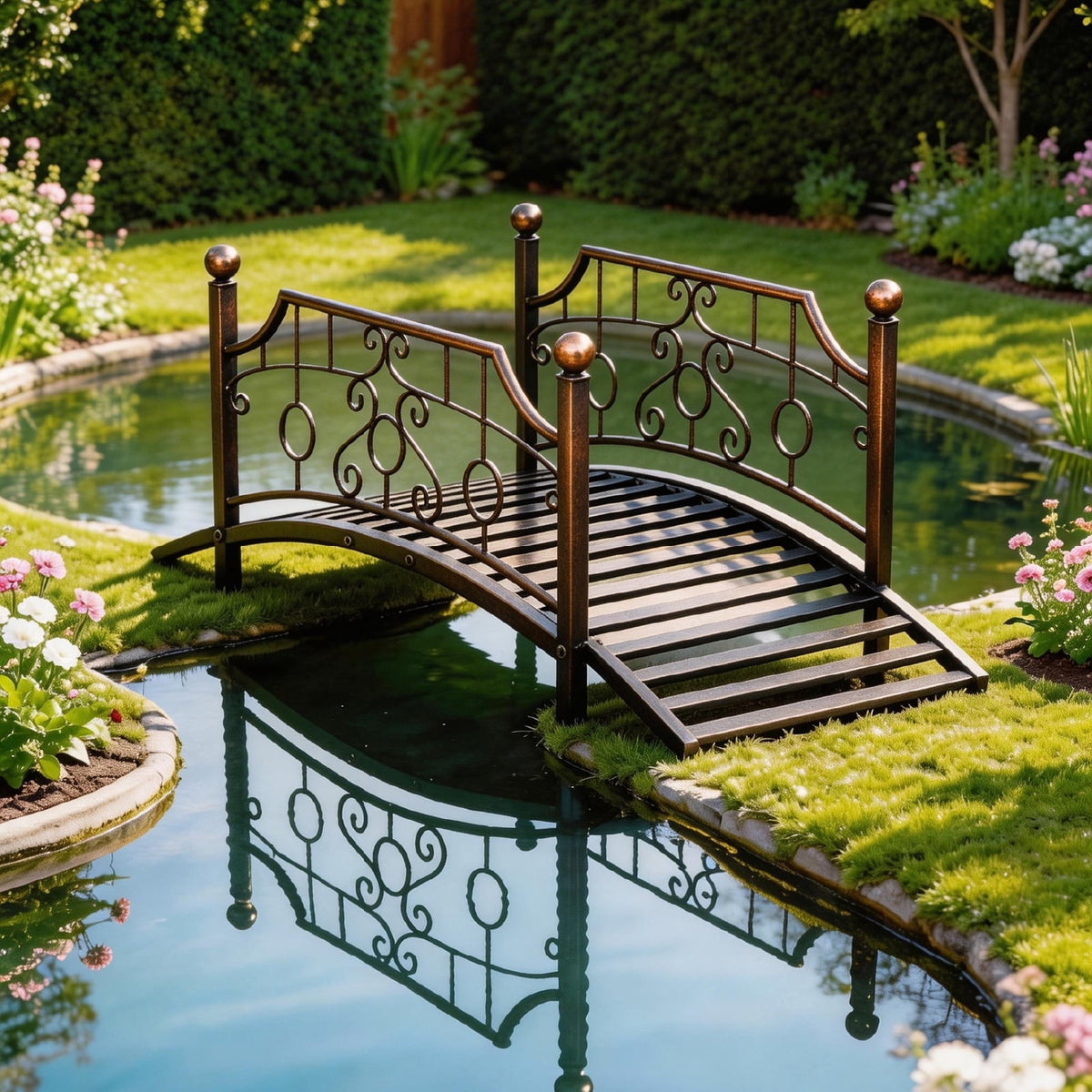 Ktaxon 3.3ft Wrought Iron Garden Footbridge with Flat Top Railings & Spherical Finials, Ornamental Pond Bridge for Yard Antique Bronze
