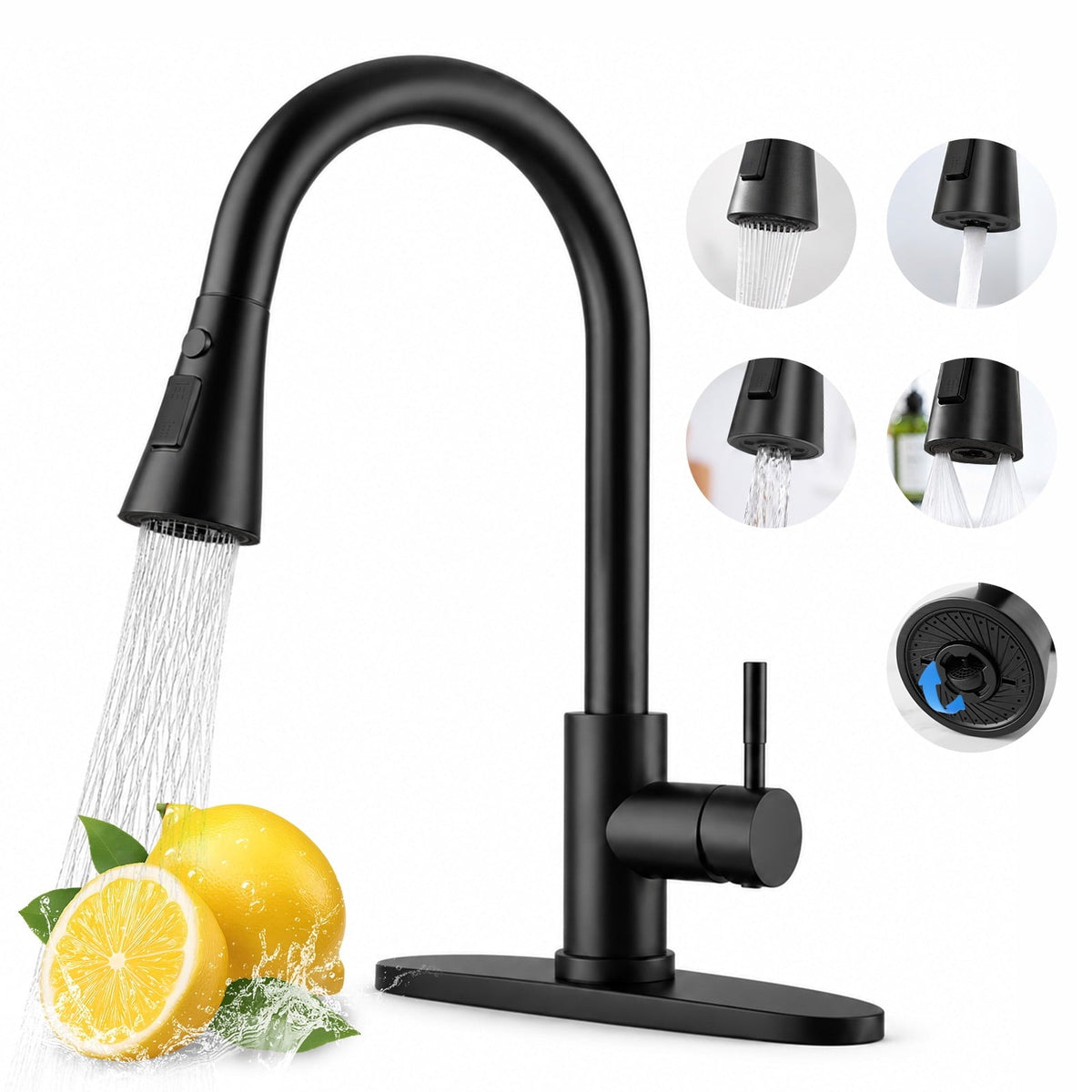 Matte Black Kitchen Faucet with Pull Down Sprayer, 4 Water Modes, 304 Stainless Steel, Single Handle High Arc Kitchen Sink Faucet for RV, Bar