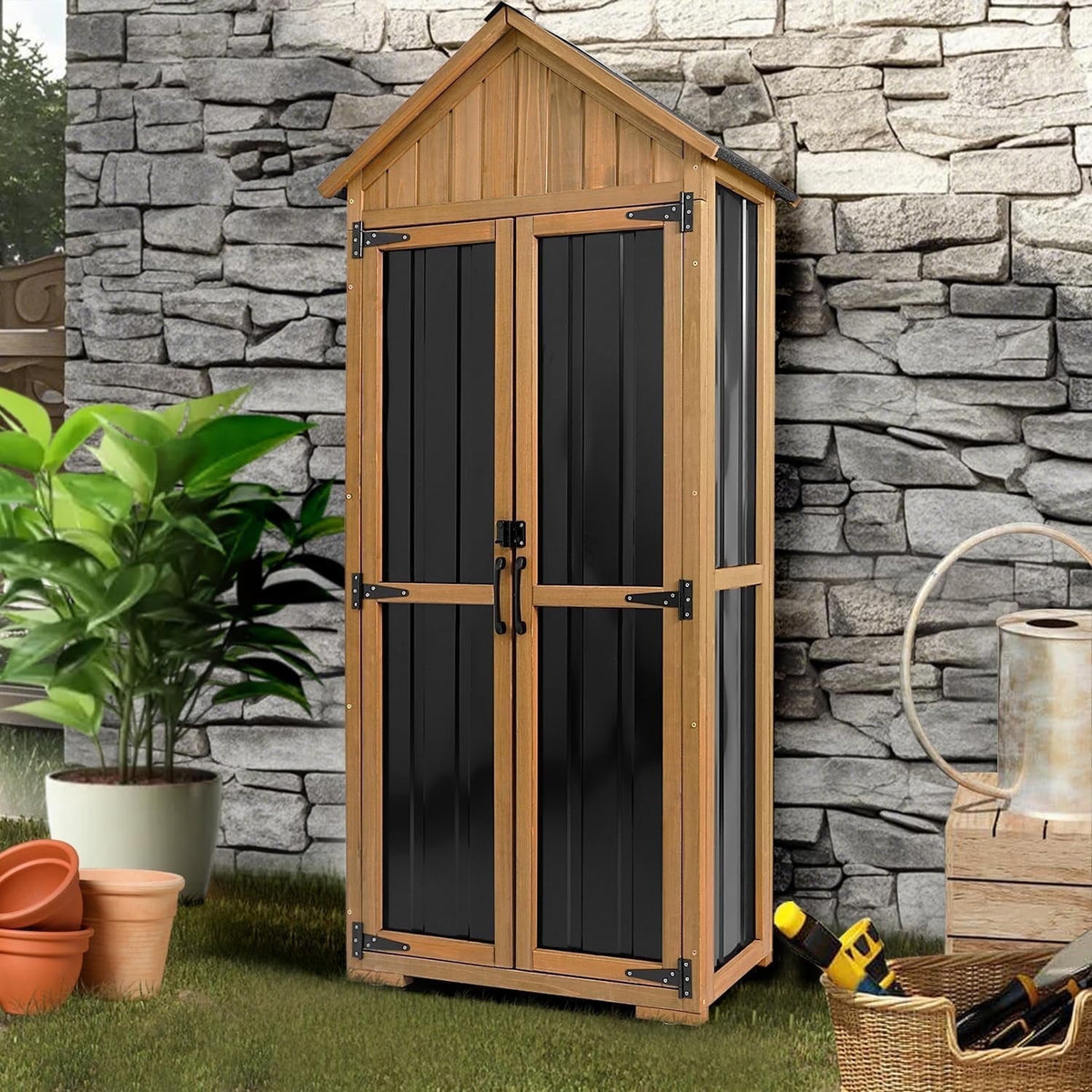 PETSCOSSET Outdoor Storage Cabinet Weatherproof Tall Cabinet with 3 Adjustable Shelves