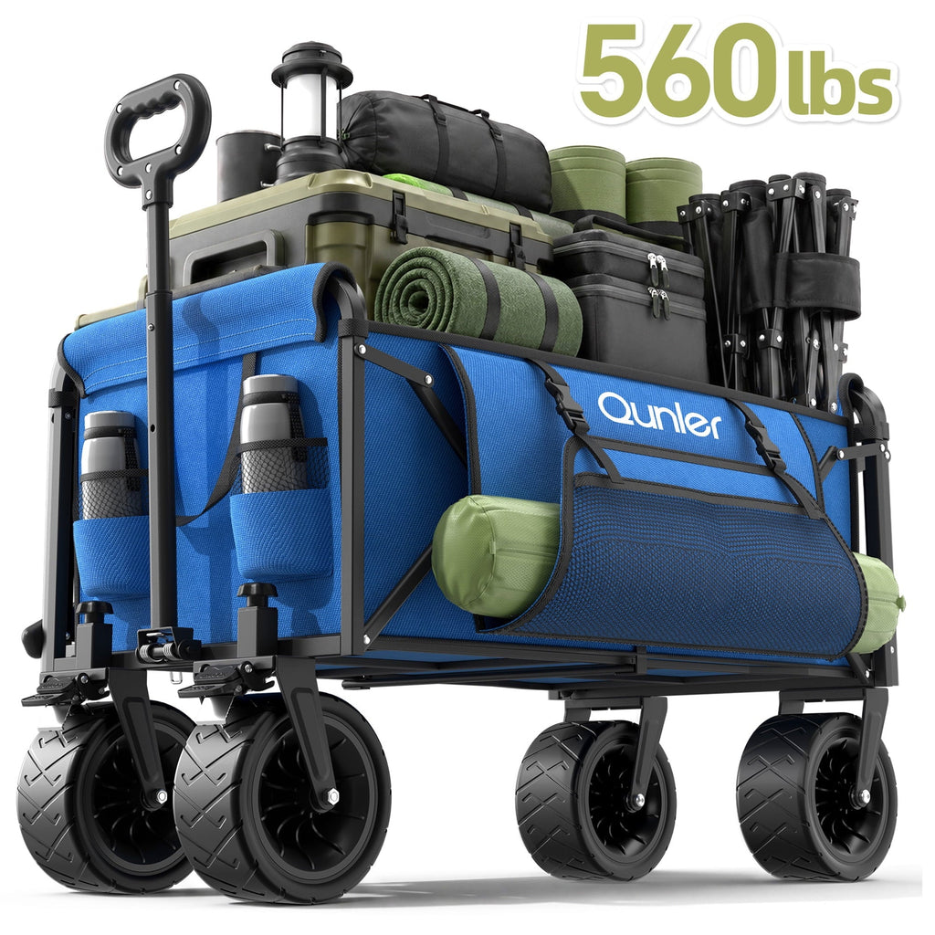 Qunler 560lbs Collapsible Folding Wagon, Heavy Duty Utility Beach Cart with 8" Wheels and Side Pocket, Large Capacity for Camping, Beach, Shopping