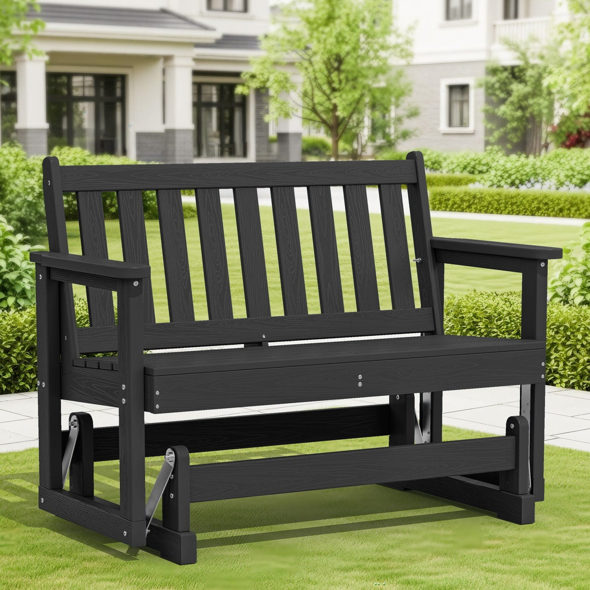 SERWALL Outdoor Glider Bench 2 Person, HDPE Material Weather-Resistant Rocking Chair Swings for Patio Porch Garden, Black