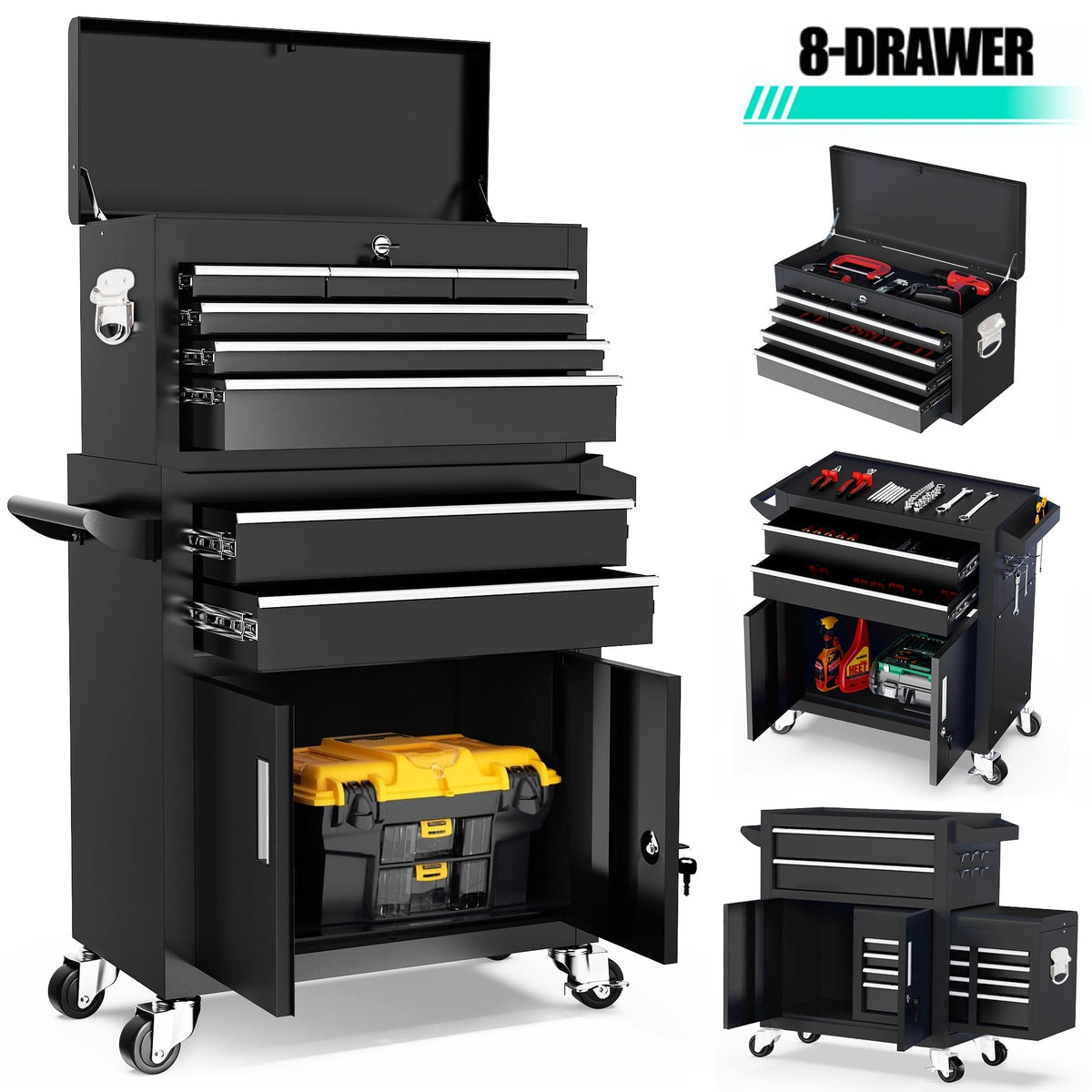 Seizeen 2-IN-1 Tool Box & Cabinet, Large Capacity 8-Drawer Rolling Tool Chest Organizer with Wheels Lockable, Black Metal Tool Cart Garage Storage