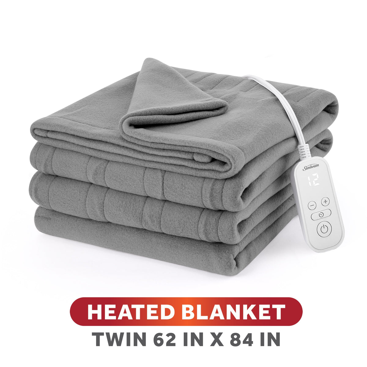 Sunbeam Heated Electric Brushed Fleece Bed Blanket, Gray, Twin Size, 12 Heat Settings, 62 x 84 in