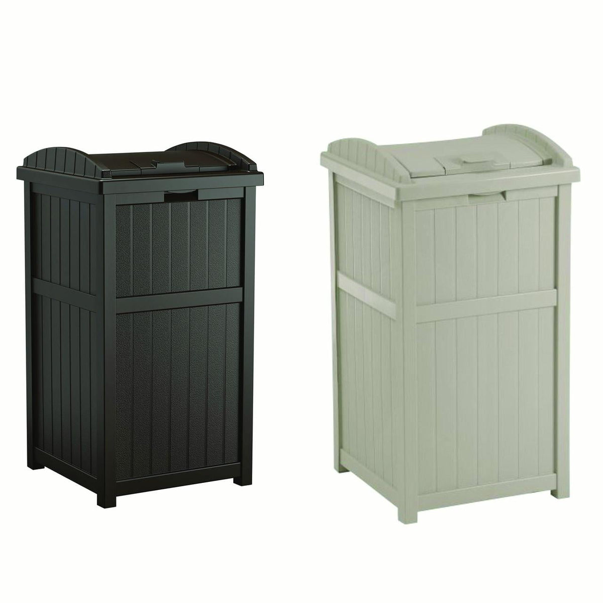 Suncast Trash Hideaway Outdoor Patio Trash Can Bin, 33 Gallon, 1 Java and 1 Taupe