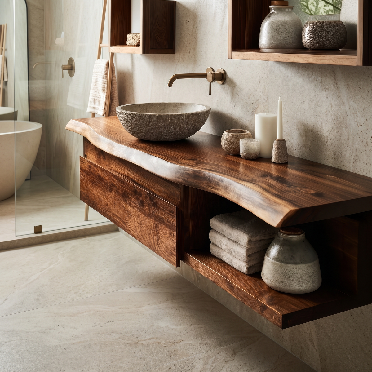 Aurelion Live Edge Solid Wood Floating Bathroom Vanity With Drawers SPA943999