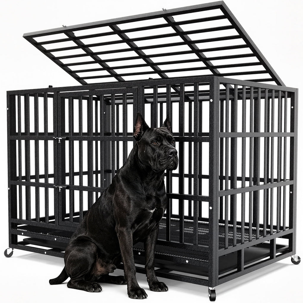 YOKWOK 48 Inch Heavy Duty Dog Crate, Indestructible Steel Chew & Escape Proof Dog Cage for Large High Anxiety Dogs, XL Metal Dog Kennel with Locking